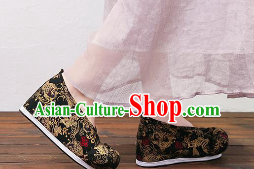 Chinese Traditional Classical Carps Pattern Black Satin Embroidered Shoes Princess Shoes Opera Shoes Hanfu Shoes for Women