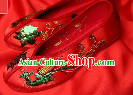 Chinese Traditional Green Sequins Phoenix Red Embroidered Shoes Opera Shoes Hanfu Shoes Wedding Shoes for Women