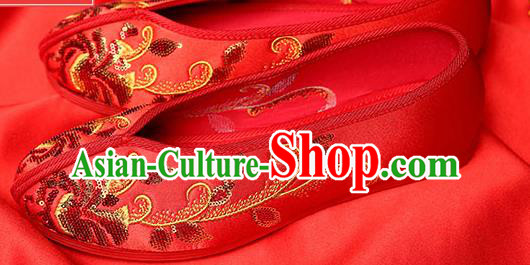 Chinese Traditional Sequins Flower Red Embroidered Shoes Opera Shoes Hanfu Shoes Wedding Shoes for Women