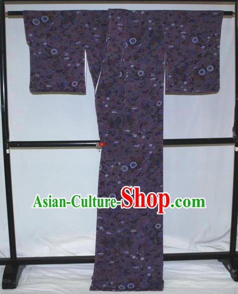Traditional Japan Geisha Printing Deep Purple Furisode Kimono Asian Japanese Fashion Apparel Costume for Women