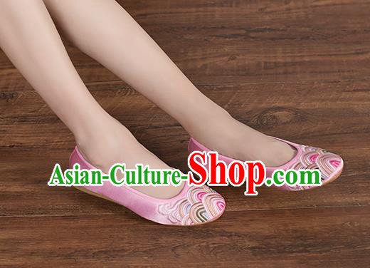 Chinese Traditional Embroidered Wave Pink Shoes Opera Shoes Hanfu Shoes Satin Shoes for Women