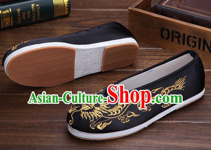 Chinese Traditional Black Embroidered Dragon Shoes Handmade Hanfu Shoes Wedding Shoes for Men