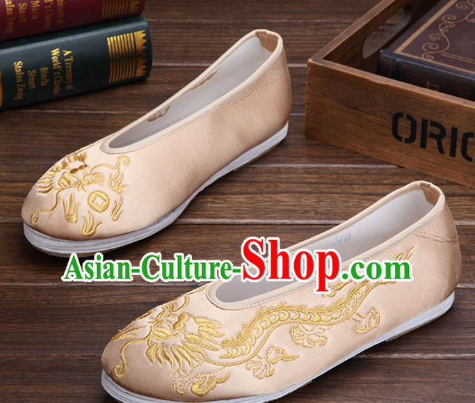 Chinese Traditional Beige Embroidered Dragon Shoes Handmade Hanfu Shoes Wedding Shoes for Men