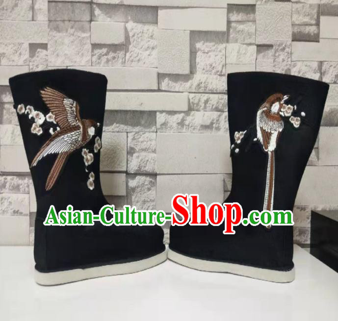 Chinese Traditional Embroidered Bird Black Boots Handmade Hanfu Shoes Ancient Swordsman Shoes for Men