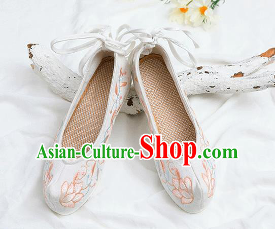 Chinese Traditional Embroidered Lotus White Shoes Opera Shoes Hanfu Shoes Wedding Shoes for Women