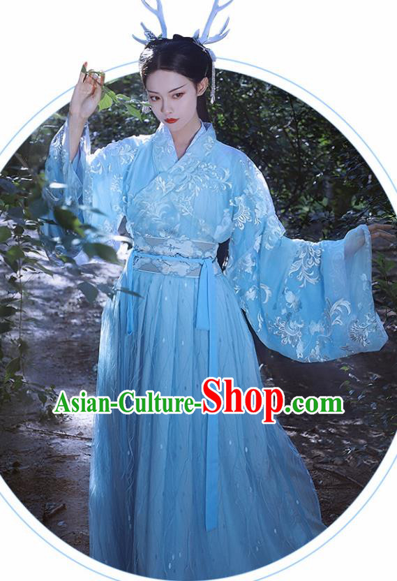 Traditional Chinese Jin Dynasty Imperial Consort Blue Hanfu Dress Ancient Nobility Lady Historical Costumes for Women
