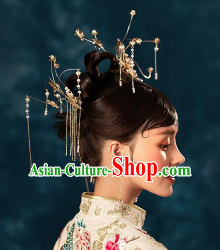 Chinese Traditional Wedding Bride Golden Flowers Hair Comb and Tassel Hairpins Hair Accessories for Women