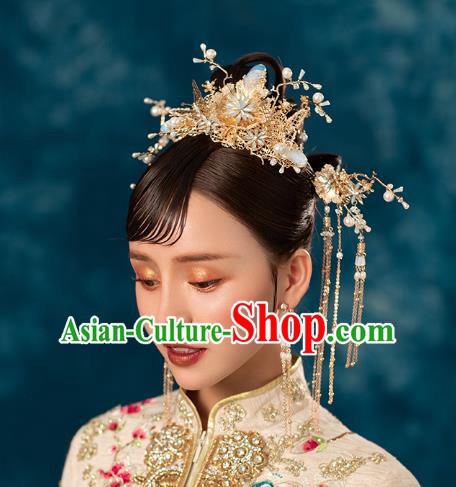 Chinese Traditional Wedding Bride Golden Butterfly Opal Hair Comb and Tassel Hairpins Hair Accessories for Women