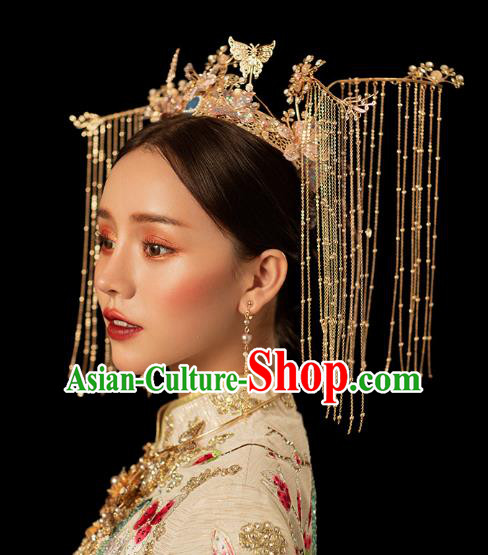 Chinese Traditional Wedding Bride Peach Blossom Phoenix Coronet Hairpins Hair Accessories for Women