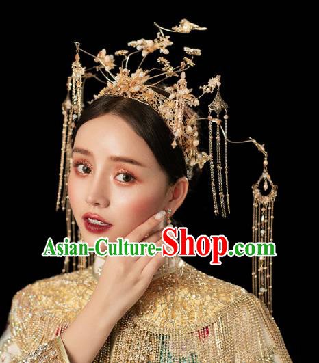 Chinese Traditional Wedding Bride Golden Pine Birds Phoenix Coronet Hairpins Hair Accessories for Women