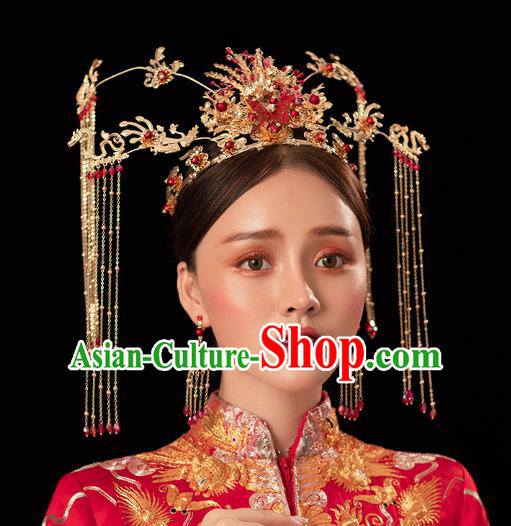 Chinese Traditional Wedding Bride Golden Dragon Phoenix Coronet Hairpins Hair Accessories for Women