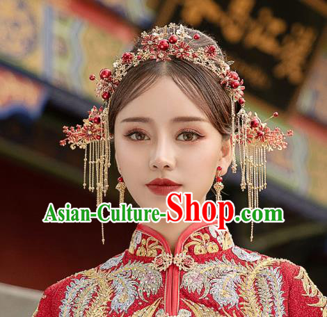 Chinese Traditional Wedding Bride Red Beads Hair Crown Hairpins Hair Accessories for Women