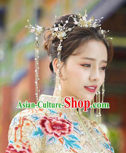 Chinese Traditional Wedding Bride Golden Leaf Hair Comb and Tassel Hairpins Hair Accessories for Women