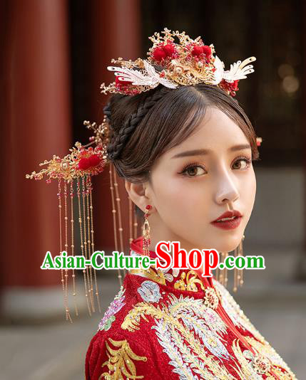 Chinese Traditional Wedding Bride Phoenix Coronet Hair Comb and Tassel Hairpins Hair Accessories for Women