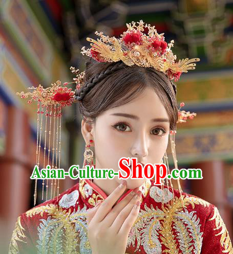 Chinese Traditional Wedding Bride Phoenix Coronet Hair Comb and Tassel Hairpins Hair Accessories for Women