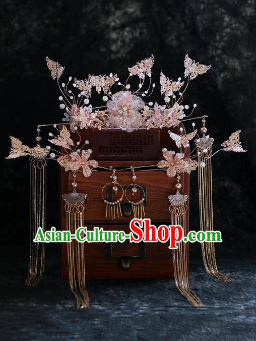 Chinese Traditional Wedding Bride Peach Butterfly Phoenix Coronet Hairpins Hair Accessories for Women