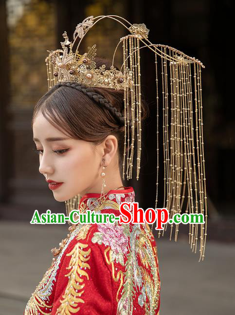 Chinese Traditional Ancient Wedding Bride Golden Phoenix Coronet Hair Accessories for Women