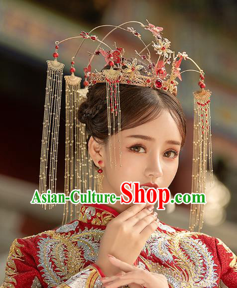 Chinese Traditional Ancient Bride Red Butterfly Tassel Phoenix Coronet Wedding Hair Accessories for Women