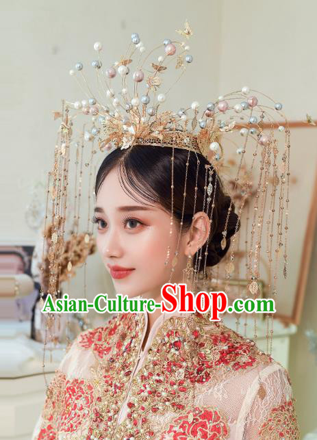 Chinese Traditional Ancient Bride Beads Phoenix Coronet Wedding Hair Accessories for Women