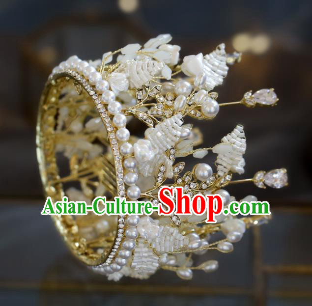 Top Grade Baroque Bride Shell Pearls Royal Crown Wedding Queen Hair Accessories for Women