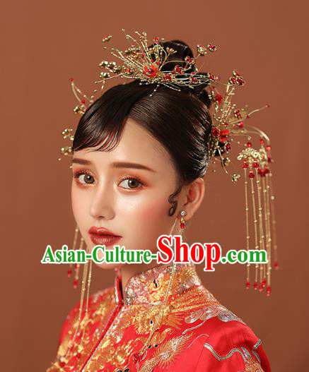 Chinese Traditional Wedding Bride Red Flower Hair Comb and Tassel Hairpins Hair Accessories for Women