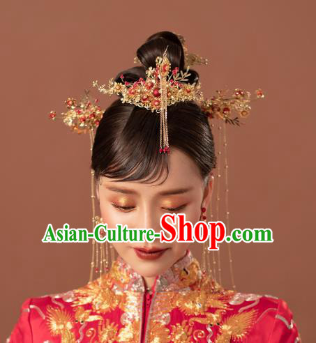 Chinese Traditional Wedding Bride Golden Hair Comb and Tassel Hairpins Hair Accessories for Women