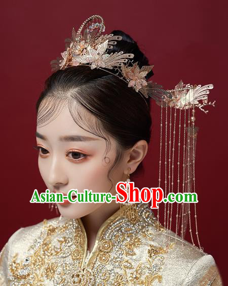 Chinese Traditional Hanfu Golden Hair Crown and Phoenix Hairpins Ancient Princess Hair Accessories for Women