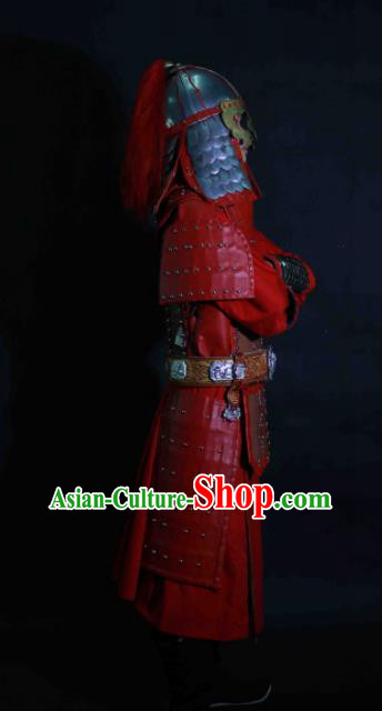 Chinese Traditional Yuan Dynasty General Red Body Armor Ancient Swordsman Costumes for Men