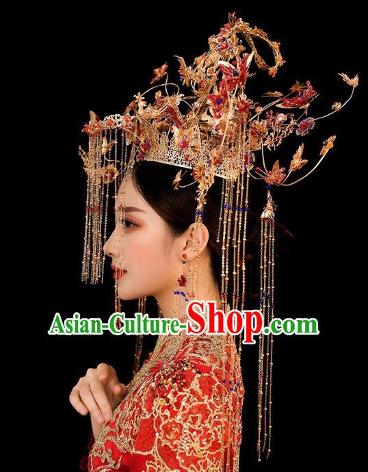 Chinese Traditional Ancient Bride Red Butterfly Phoenix Coronet Wedding Hair Accessories for Women