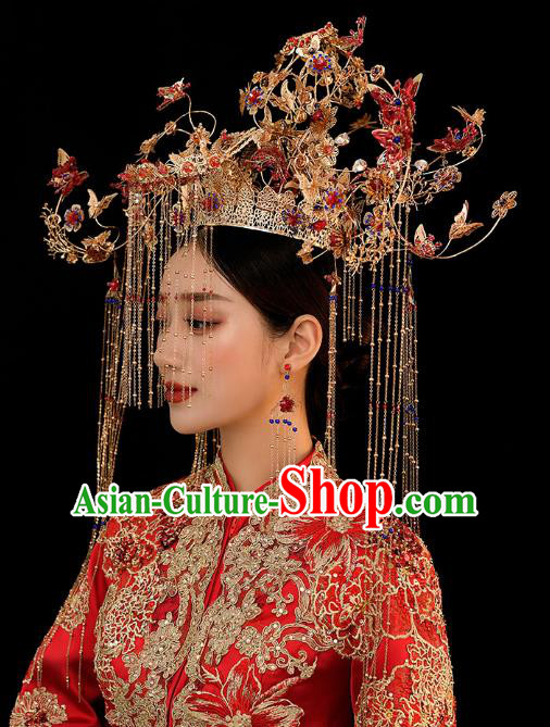Chinese Traditional Ancient Bride Red Butterfly Phoenix Coronet Wedding Hair Accessories for Women