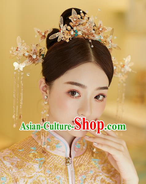 Chinese Traditional Hanfu Golden Dragonfly Hair Comb Tassel Hairpins Ancient Princess Hair Accessories for Women