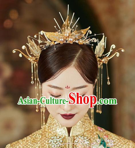 Chinese Traditional Hanfu Golden Leaf Hair Comb Tassel Hairpins Ancient Princess Hair Accessories for Women