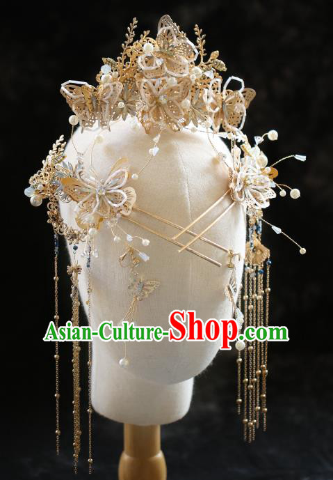 Chinese Traditional Hanfu Beads Butterfly Hair Comb Tassel Hairpins Ancient Princess Hair Accessories for Women
