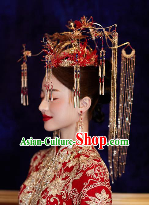 Chinese Traditional Ancient Bride Headdress Red Flowers Phoenix Coronet Wedding Hair Accessories for Women