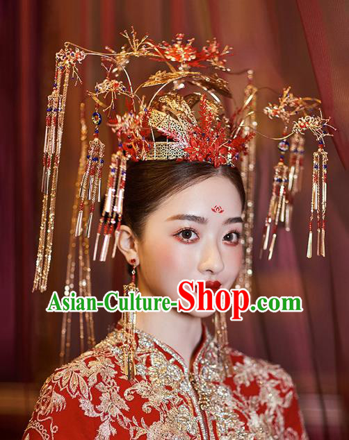 Chinese Traditional Ancient Bride Headdress Red Flowers Phoenix Coronet Wedding Hair Accessories for Women