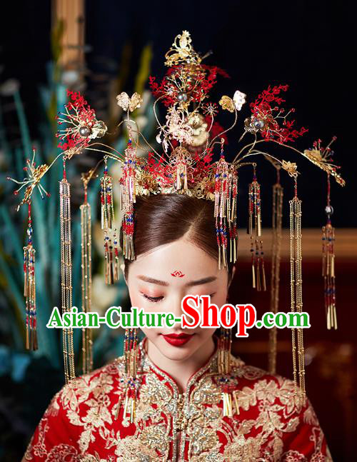 Chinese Traditional Ancient Bride Headdress Red Leaf Tassel Phoenix Coronet Wedding Hair Accessories for Women
