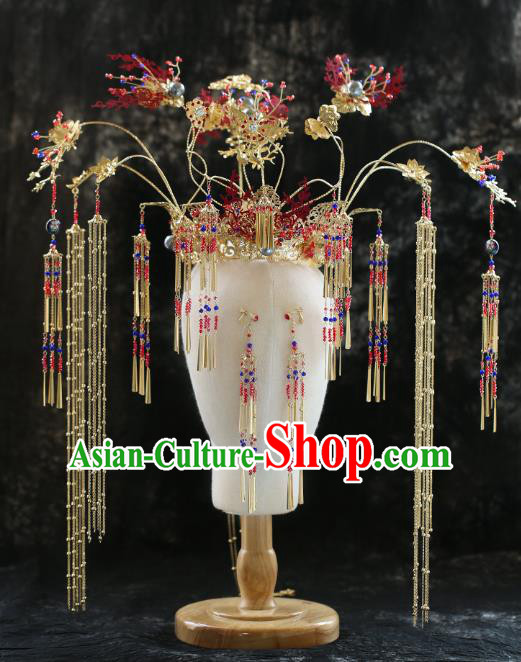 Chinese Traditional Ancient Bride Headdress Red Leaf Tassel Phoenix Coronet Wedding Hair Accessories for Women