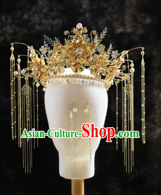 Chinese Traditional Ancient Bride Headdress Golden Flowers Phoenix Coronet Wedding Hair Accessories for Women