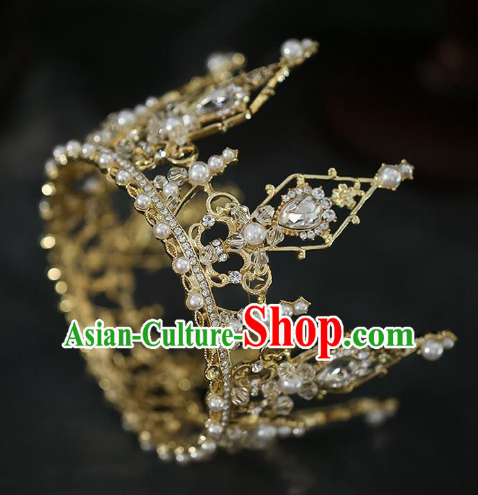 Top Grade Baroque Bride Golden Crystal Round Royal Crown Wedding Queen Hair Accessories for Women