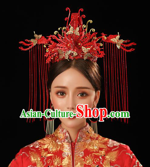 Chinese Traditional Ancient Bride Headdress Red Tassel Phoenix Coronet Wedding Hair Accessories for Women