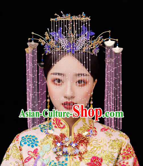 Chinese Traditional Ancient Bride Headdress Purple Tassel Phoenix Coronet Wedding Hair Accessories for Women