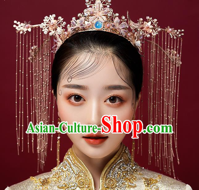 Chinese Traditional Ancient Bride Hairpins Headdress Tassel Phoenix Coronet Wedding Hair Accessories for Women