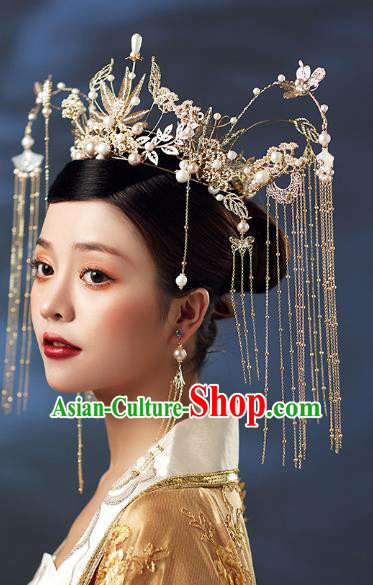 Chinese Traditional Ancient Golden Leaf Phoenix Coronet Hairpins Bride Headdress Wedding Hair Accessories for Women