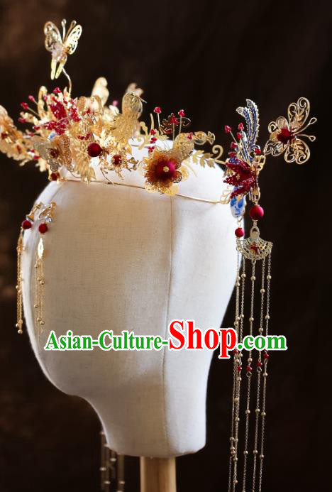Chinese Ancient Red Pomegranate Flower Phoenix Coronet Hairpins Bride Headdress Traditional Wedding Hair Accessories for Women