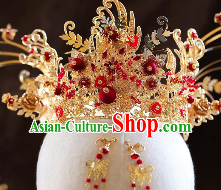 Chinese Ancient Golden Phoenix Coronet Bride Headdress Traditional Wedding Hair Accessories for Women