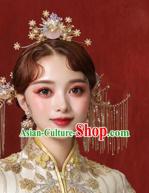 Chinese Ancient Pink Jade Hair Comb Bride Headdress Traditional Wedding Hair Accessories for Women