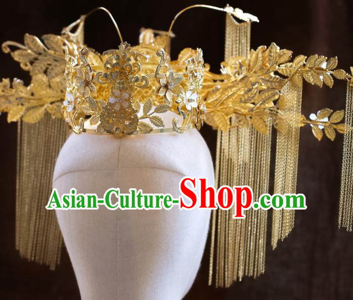 Chinese Ancient Bride Headdress Golden Phoenix Coronet Traditional Wedding Hair Accessories for Women