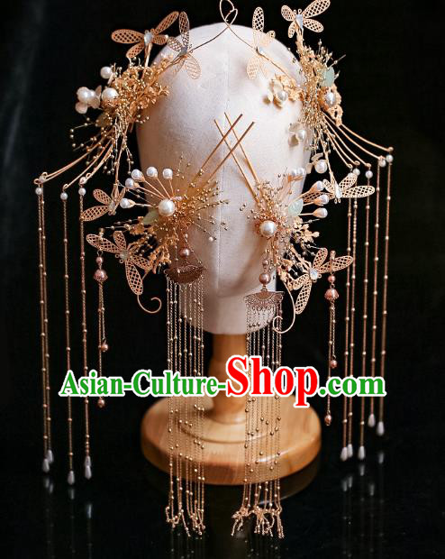 Chinese Traditional Wedding Golden Dragonfly Hair Clasp Hairpins Ancient Bride Hair Accessories for Women