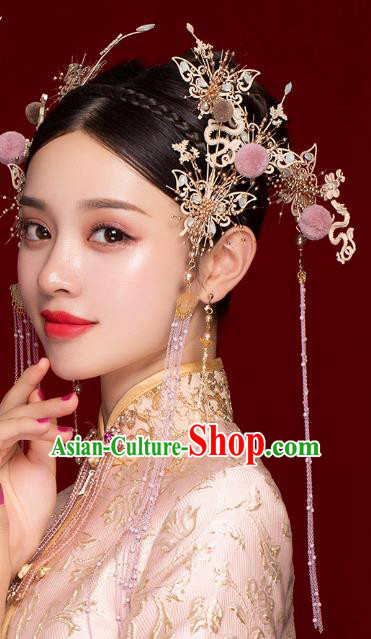 Chinese Traditional Wedding Purple Tassel Dragon Hairpins Ancient Bride Hair Accessories for Women