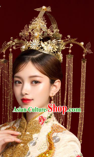 Chinese Wedding Headdress Golden Deluxe Phoenix Coronet Traditional Ancient Bride Hair Accessories for Women